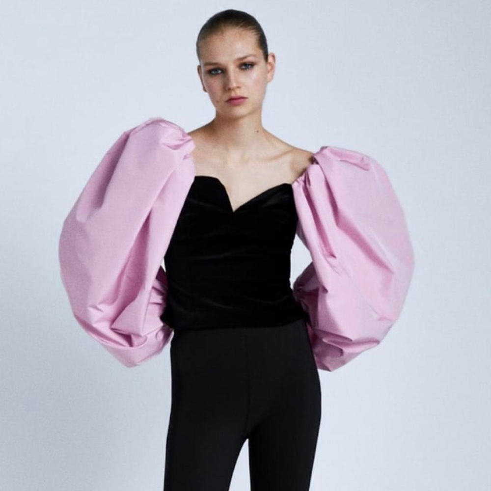 Zara black velvet pink puffy sleeves contrast limited edition 8642/931  M